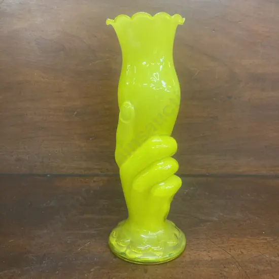 Vintage Yellow Opaline Art Glass Ladies Hand Holding a Vase. H22.5cm