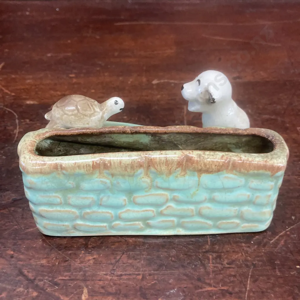 Rare Hornsea Pottery Fauna Posy Vase (Bonzo) Dog & Tortoise #19 1949-1952. 7 x 13cm Image 1++