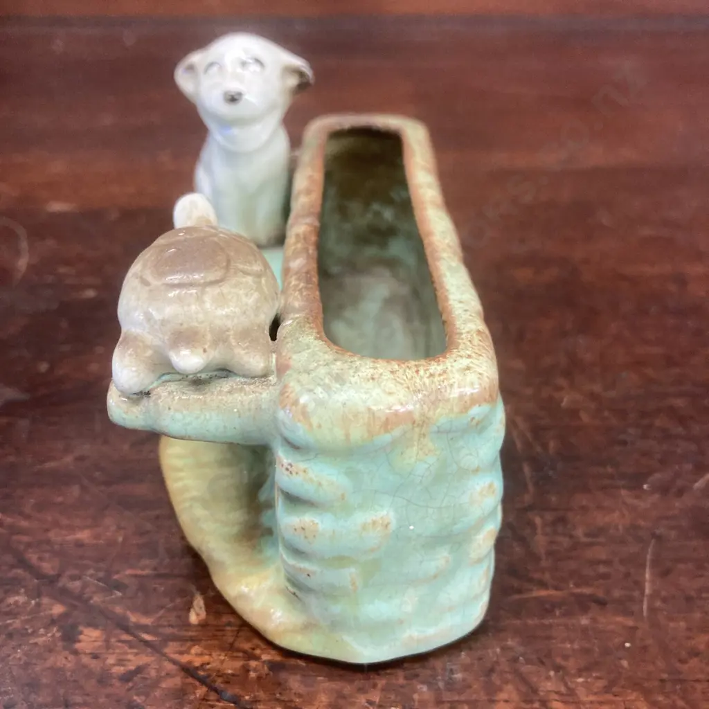 Rare Hornsea Pottery Fauna Posy Vase (Bonzo) Dog & Tortoise #19 1949-1952. 7 x 13cm Image 1++