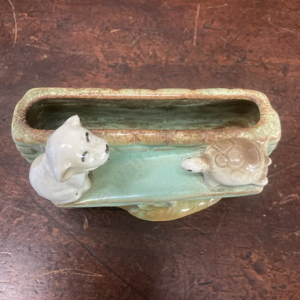 Rare Hornsea Pottery Fauna Posy Vase (Bonzo) Dog & Tortoise #19 1949-1952. 7 x 13cm Image 1++