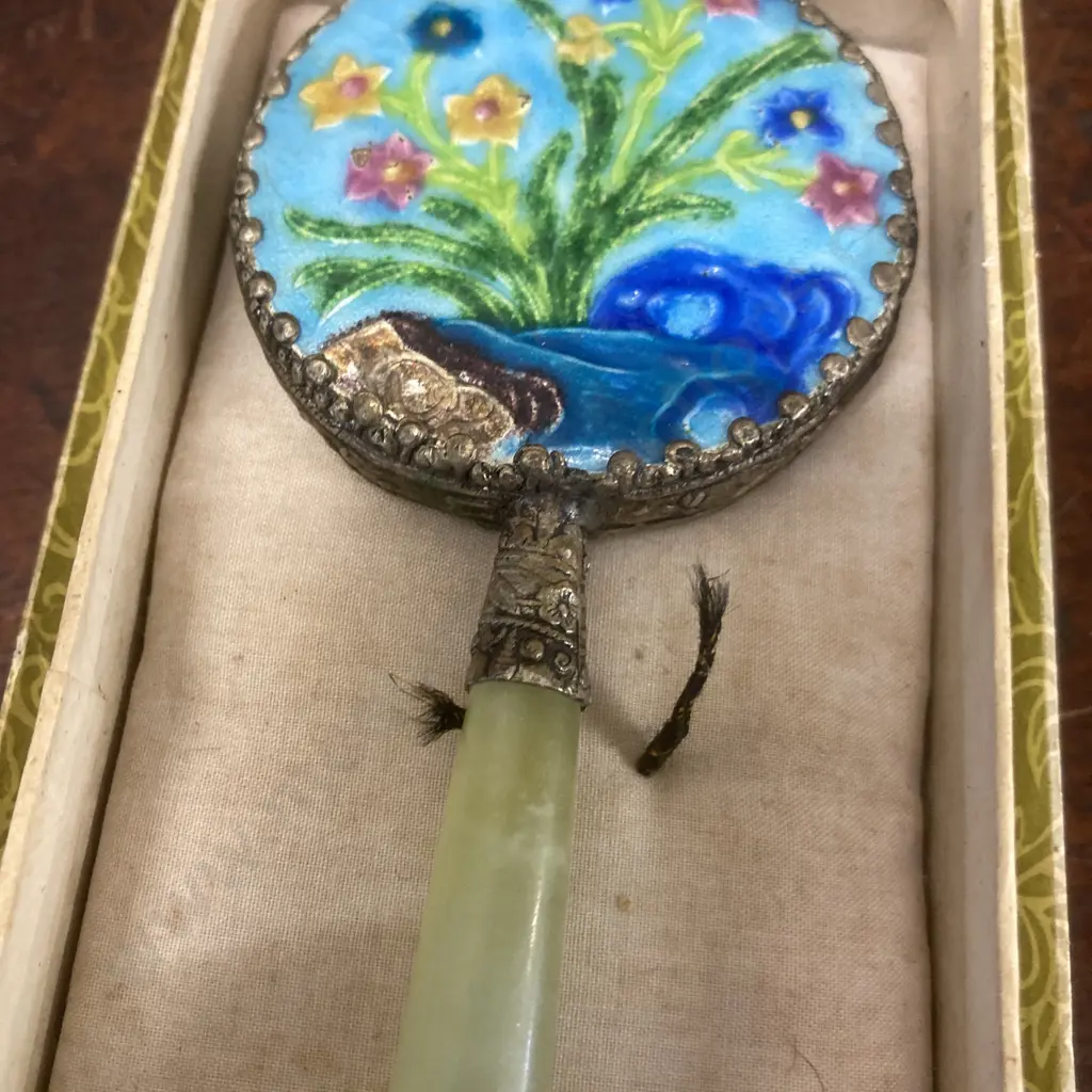 Vintage Chinese Cloisonne Hand Vanity Mirror With Jade Handle & Original Box Image 1++