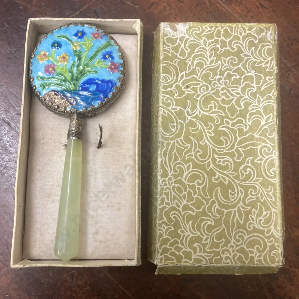 Vintage Chinese Cloisonne Hand Vanity Mirror With Jade Handle & Original Box Image 1++