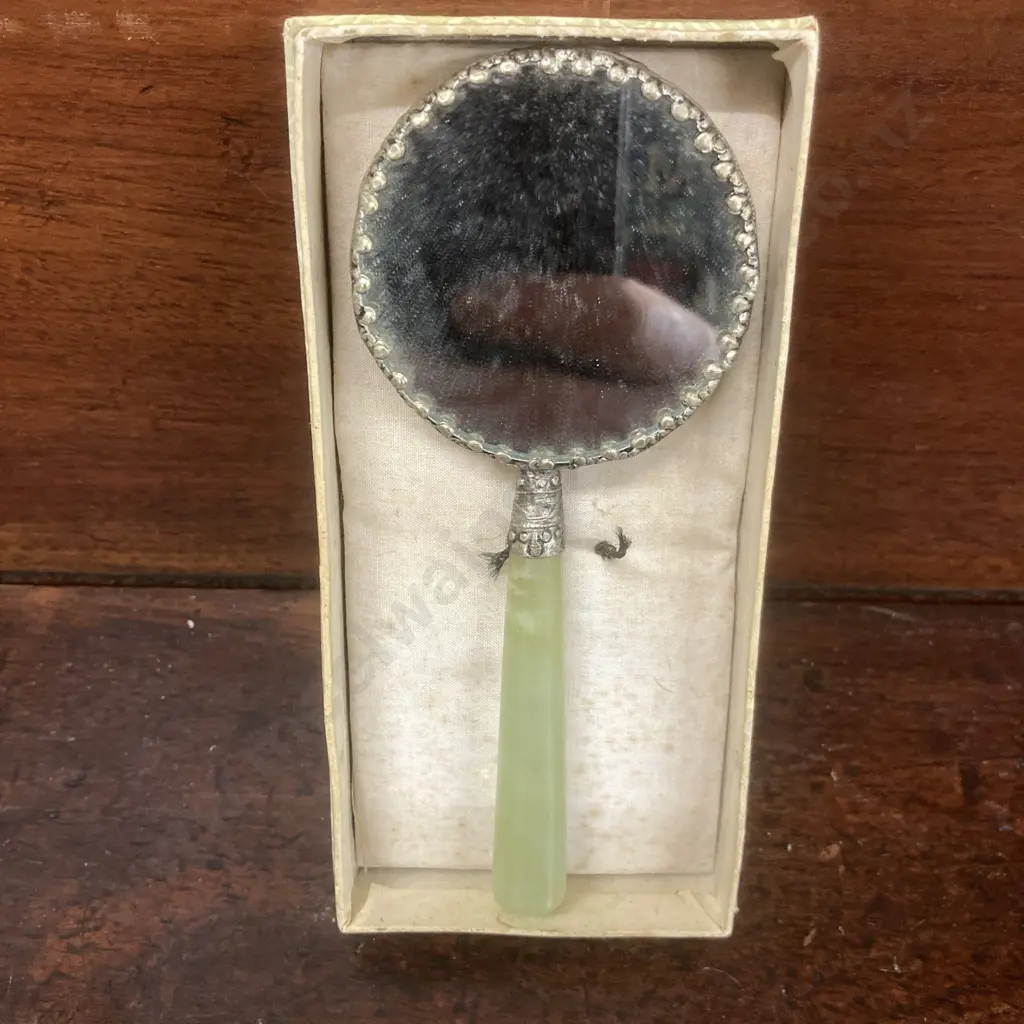 Vintage Chinese Cloisonne Hand Vanity Mirror With Jade Handle & Original Box Image 1++
