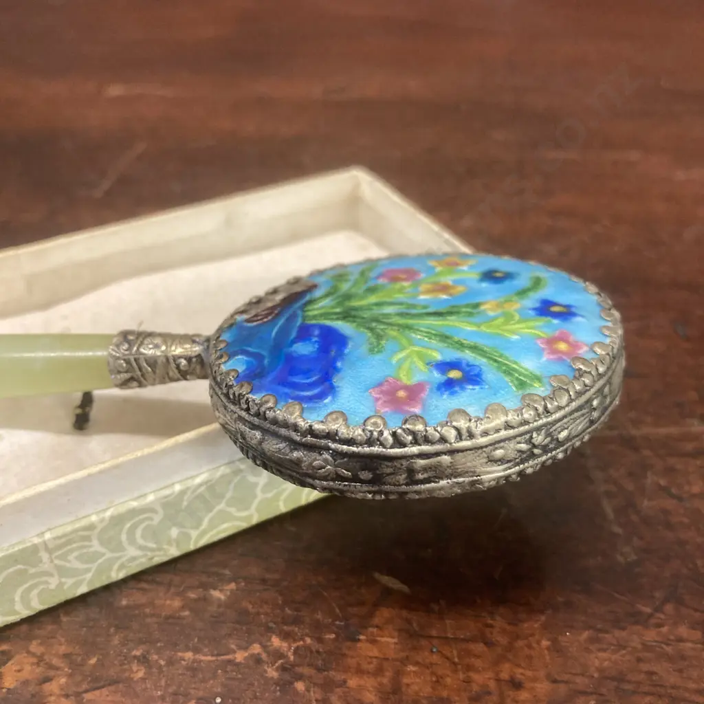 Vintage Chinese Cloisonne Hand Vanity Mirror With Jade Handle & Original Box Image 1++