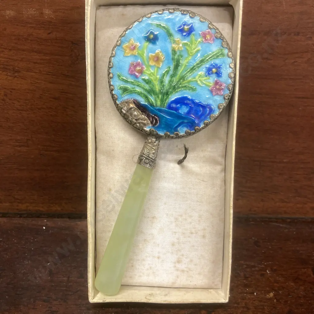Vintage Chinese Cloisonne Hand Vanity Mirror With Jade Handle & Original Box Image 1++