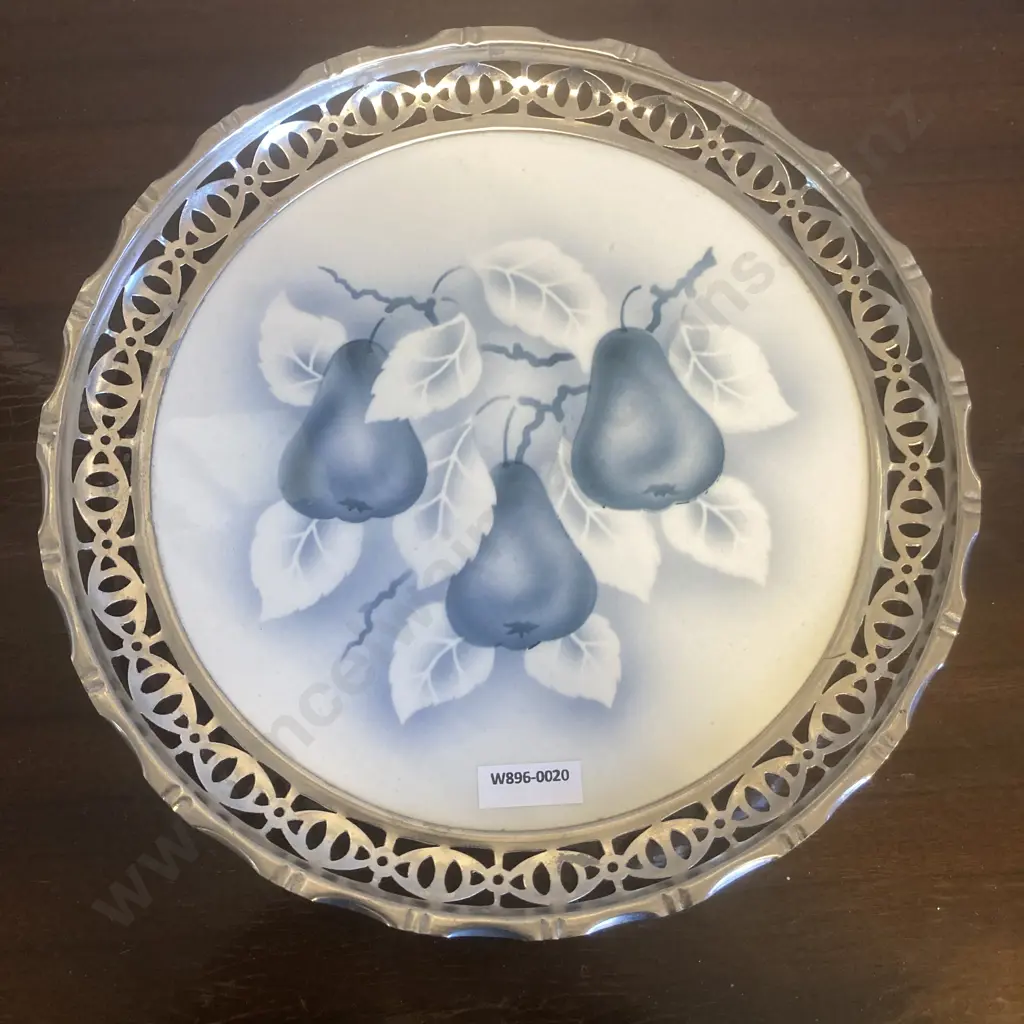 Vintage Theodor Paetsch Germany Ceramic Tray Trivet in Metal Frame - Blue Pears with Leaves. 28cm Image 1++