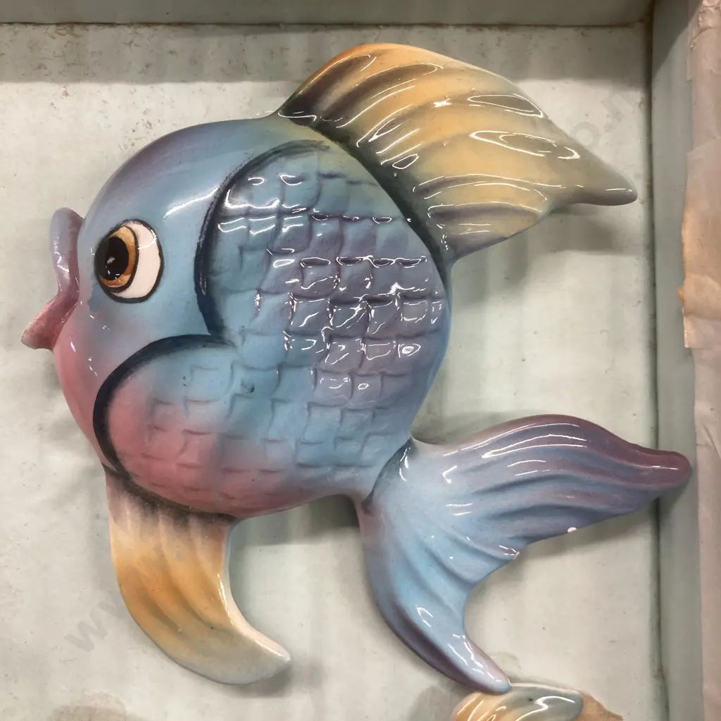 Vintage Ceramic Blue & Yellow Goldfish Wall Plaques Set of 3, Boxed Image 1++