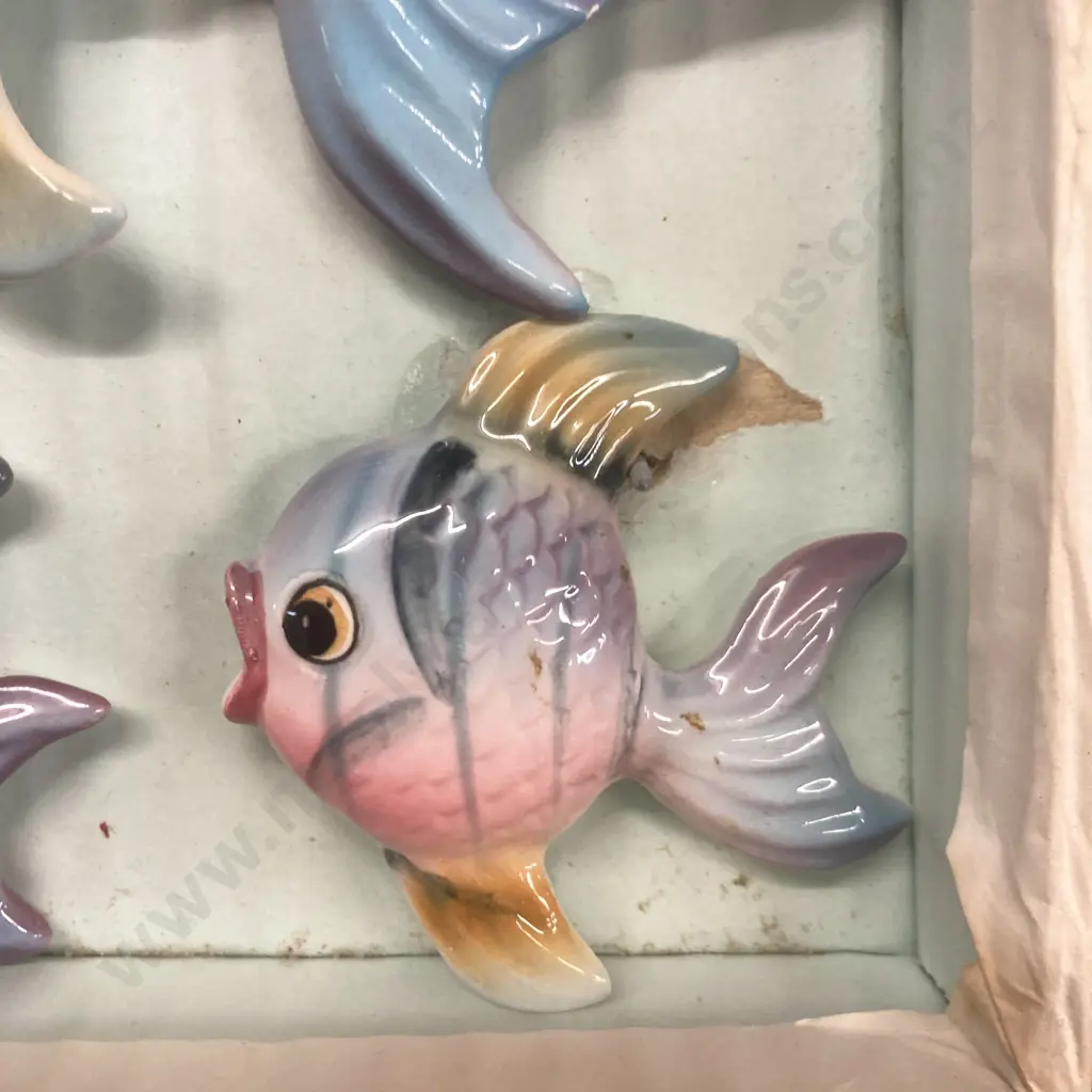 Vintage Ceramic Blue & Yellow Goldfish Wall Plaques Set of 3, Boxed Image 1++
