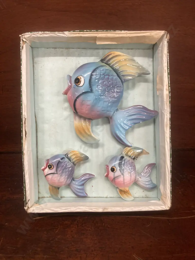 Vintage Ceramic Blue & Yellow Goldfish Wall Plaques Set of 3, Boxed Image 1++