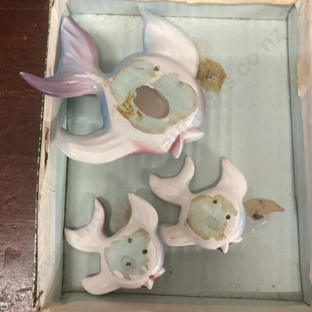 Vintage Ceramic Blue & Yellow Goldfish Wall Plaques Set of 3, Boxed Image 1++