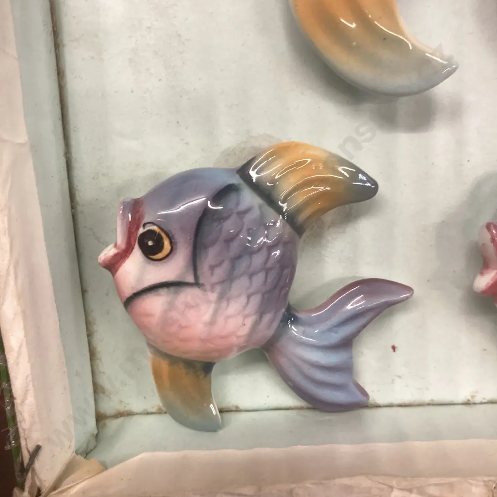 Vintage Ceramic Blue & Yellow Goldfish Wall Plaques Set of 3, Boxed Image 1++
