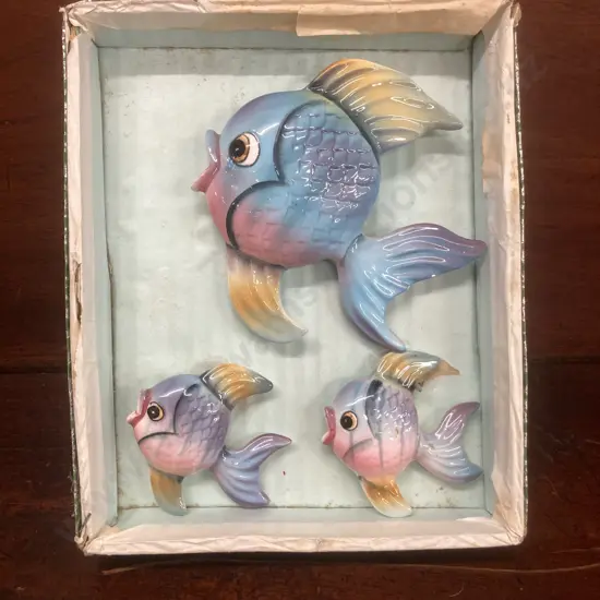 Vintage Ceramic Blue & Yellow Goldfish Wall Plaques Set of 3, Boxed