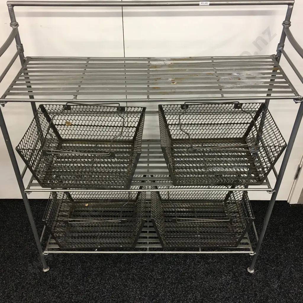 Heavy Wrought Iron Shelf, H104 W91 D30cm, Foldup With 4 Pierced Steel Mesh Baskets Image 1++