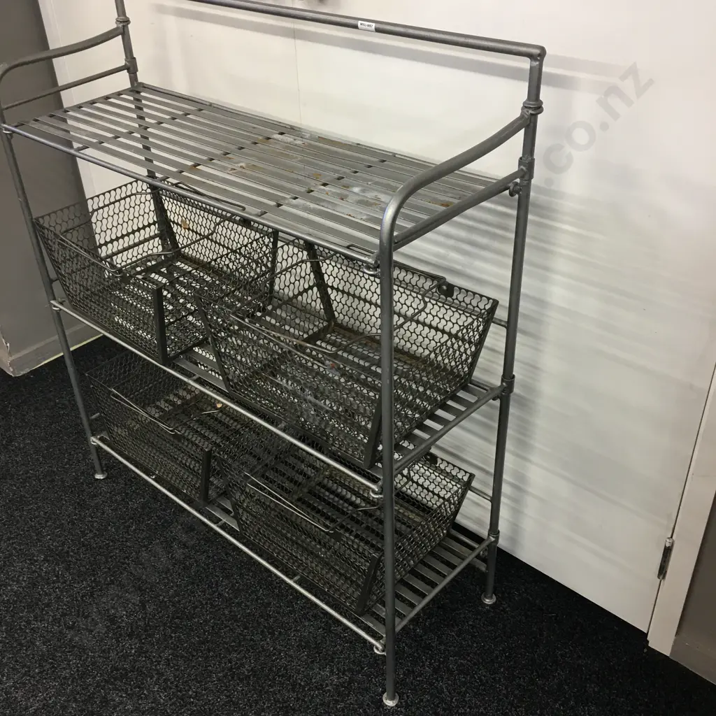 Heavy Wrought Iron Shelf, H104 W91 D30cm, Foldup With 4 Pierced Steel Mesh Baskets Image 1++