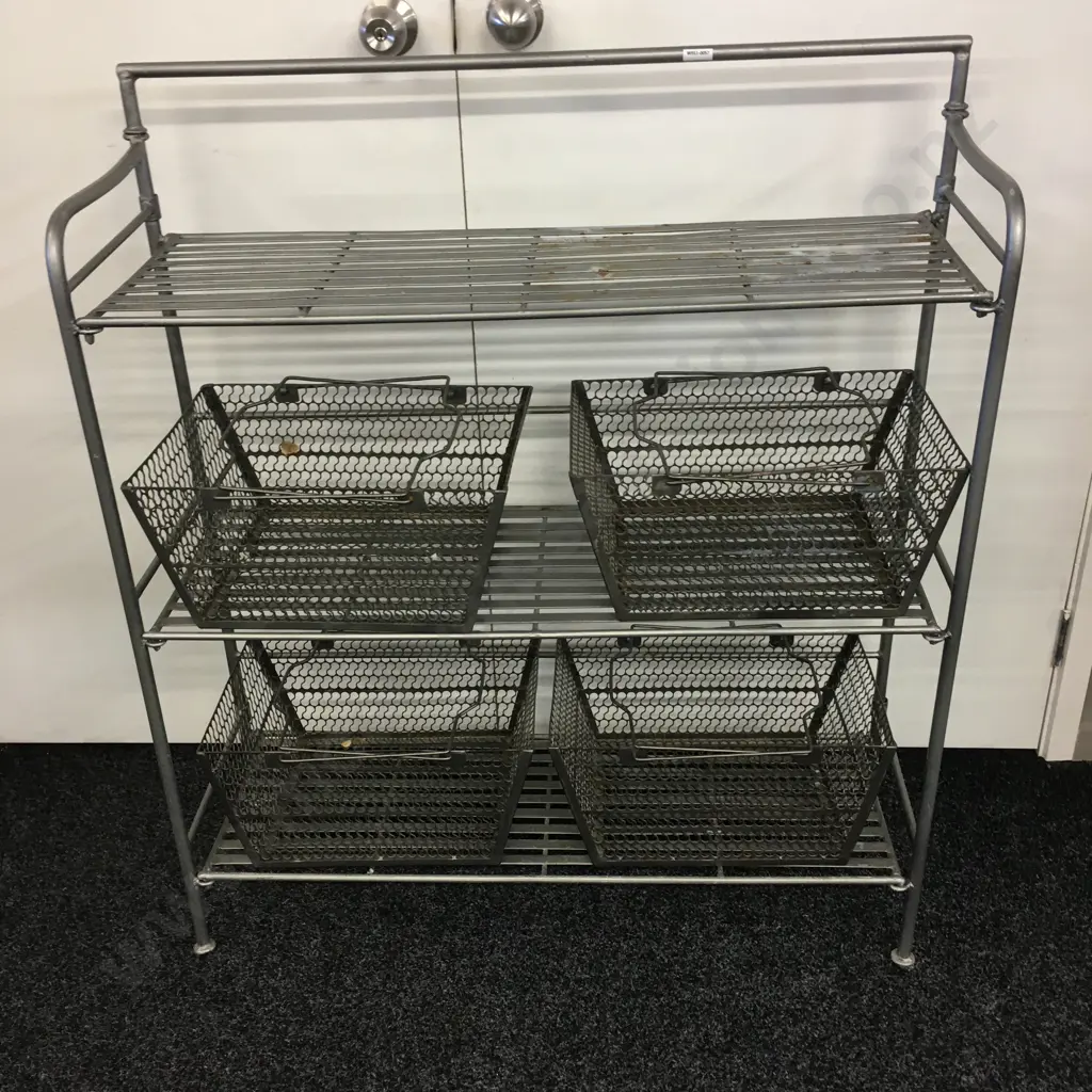 Heavy Wrought Iron Shelf, H104 W91 D30cm, Foldup With 4 Pierced Steel Mesh Baskets Image 1++