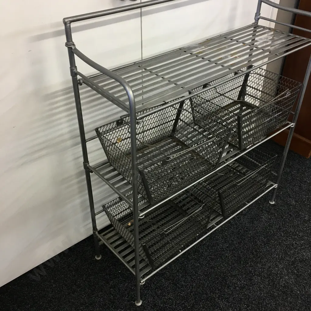 Heavy Wrought Iron Shelf, H104 W91 D30cm, Foldup With 4 Pierced Steel Mesh Baskets Image 1++