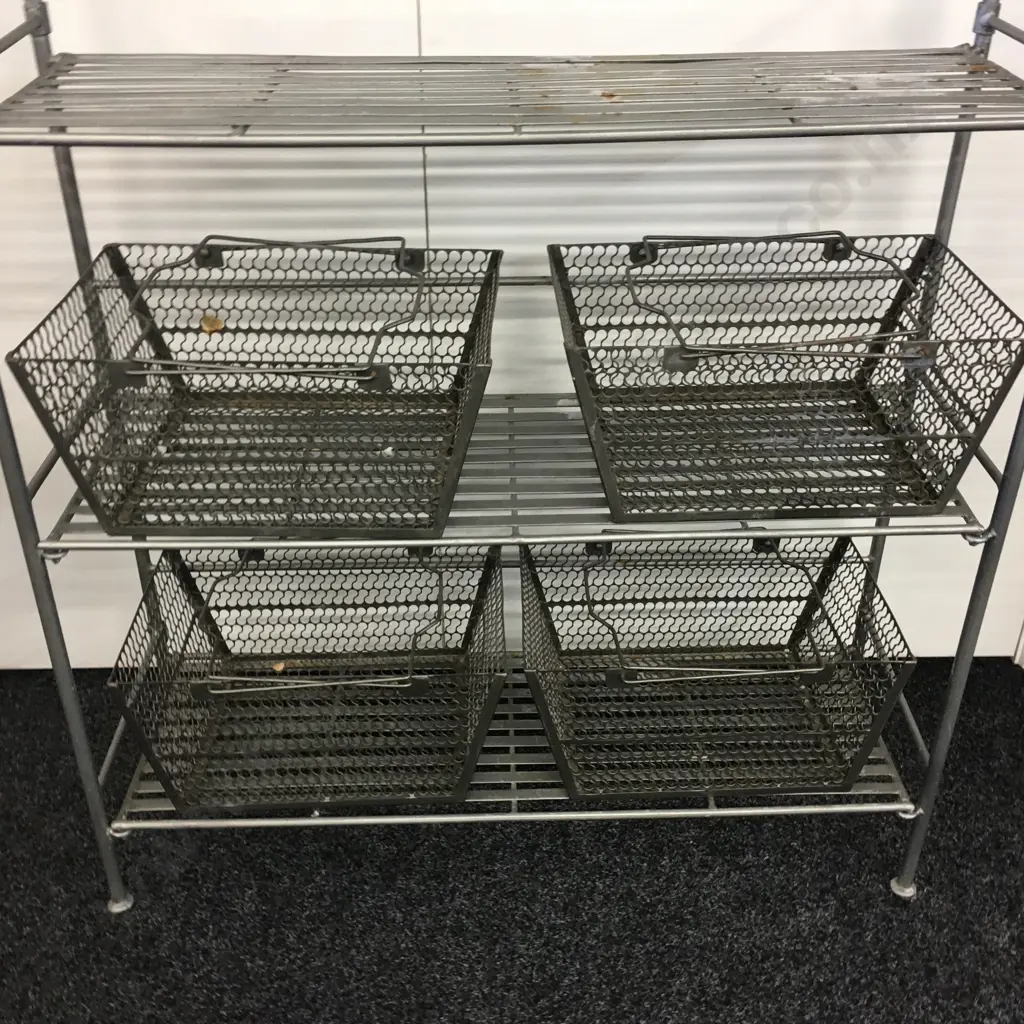 Heavy Wrought Iron Shelf, H104 W91 D30cm, Foldup With 4 Pierced Steel Mesh Baskets Image 1++