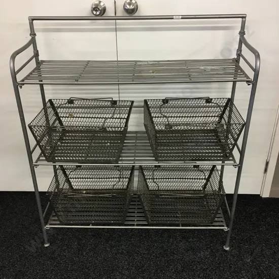 Heavy Wrought Iron Shelf, H104 W91 D30cm, Foldup With 4 Pierced Steel Mesh Baskets