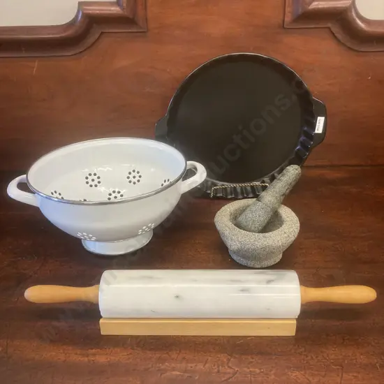 KitchenAid 2.2L Pie Dish, Enamelware Colander, Small Mortar & Pestle, Marble Rolling Pin With Stand
