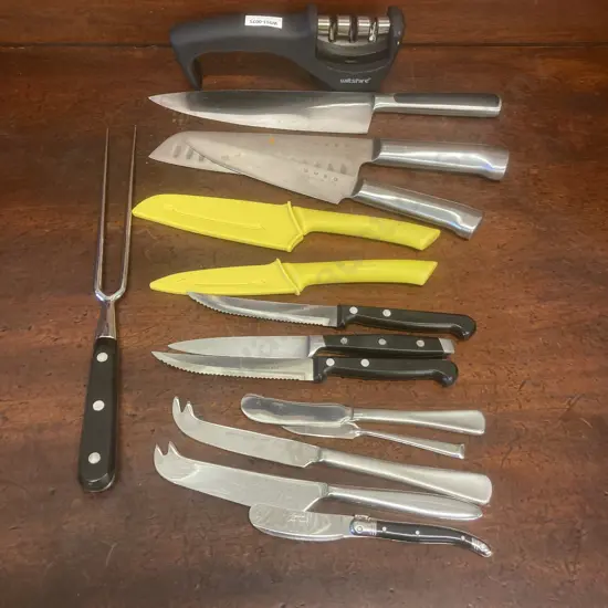 Assorted Kitchen Knives - Scan Pan, Smeg Etc With a Knife Sharpener