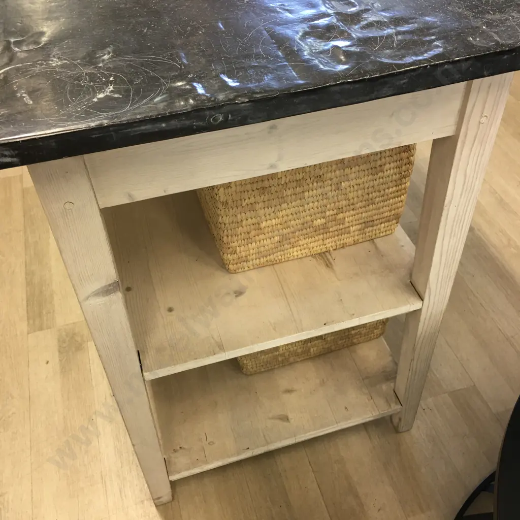White Washed Kitchen Work Bench, 2 Drawers, Pull Handles. H91 W110 D65cm With 4 Cane Baskets Image 1++