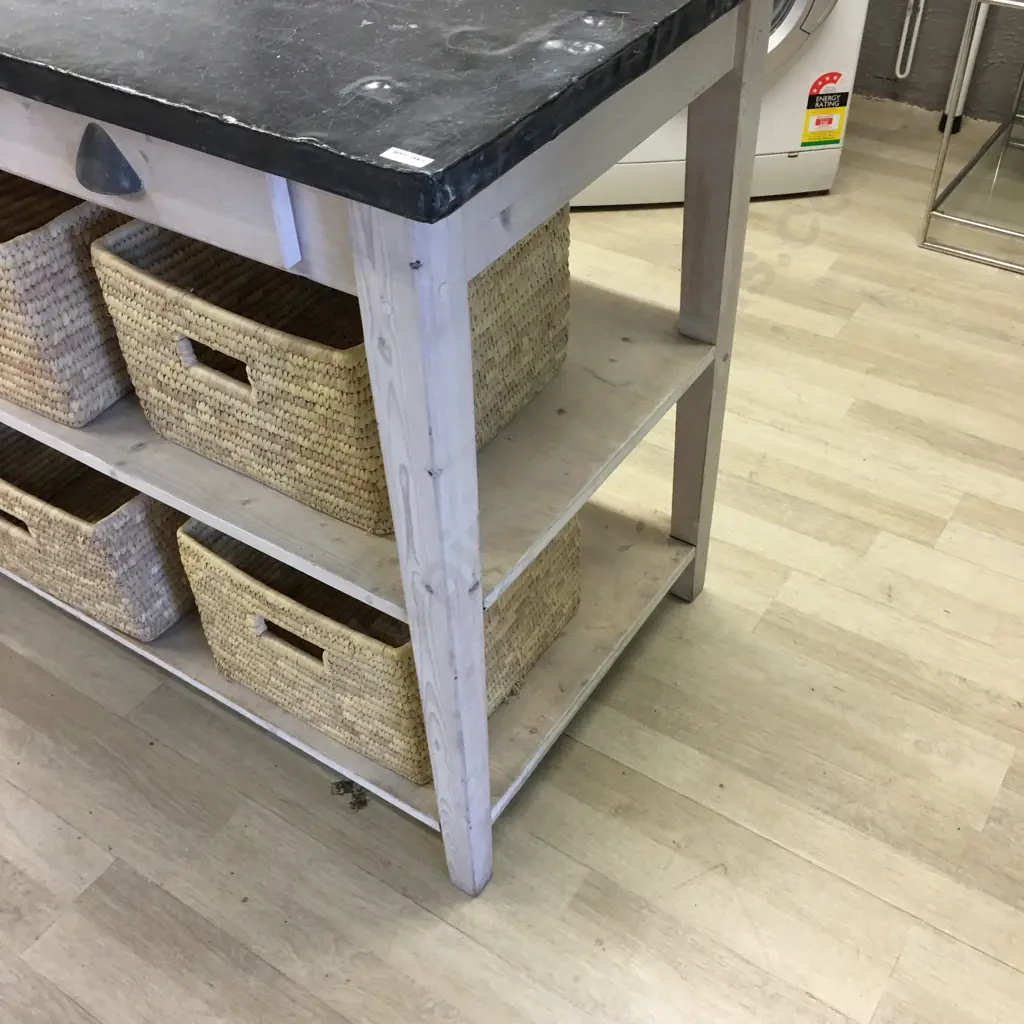 White Washed Kitchen Work Bench, 2 Drawers, Pull Handles. H91 W110 D65cm With 4 Cane Baskets Image 1++