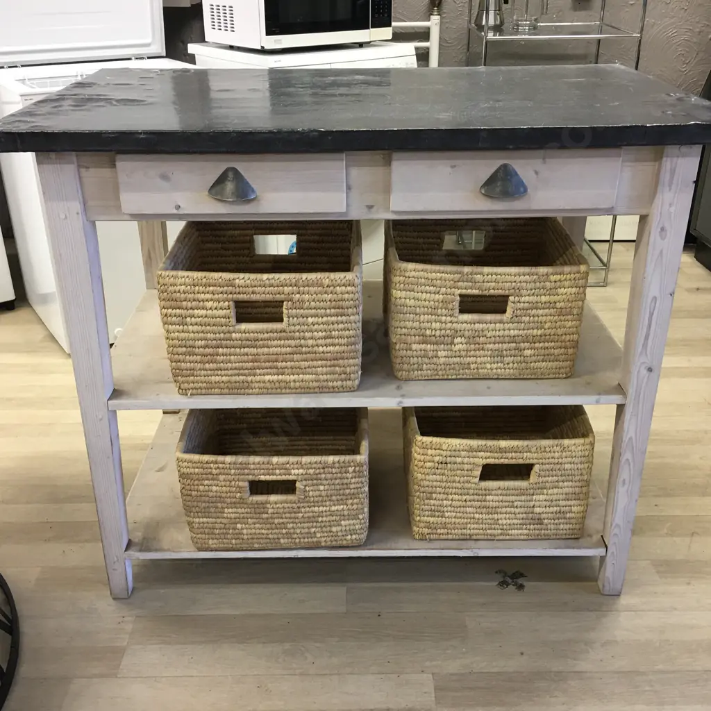 White Washed Kitchen Work Bench, 2 Drawers, Pull Handles. H91 W110 D65cm With 4 Cane Baskets Image 1++