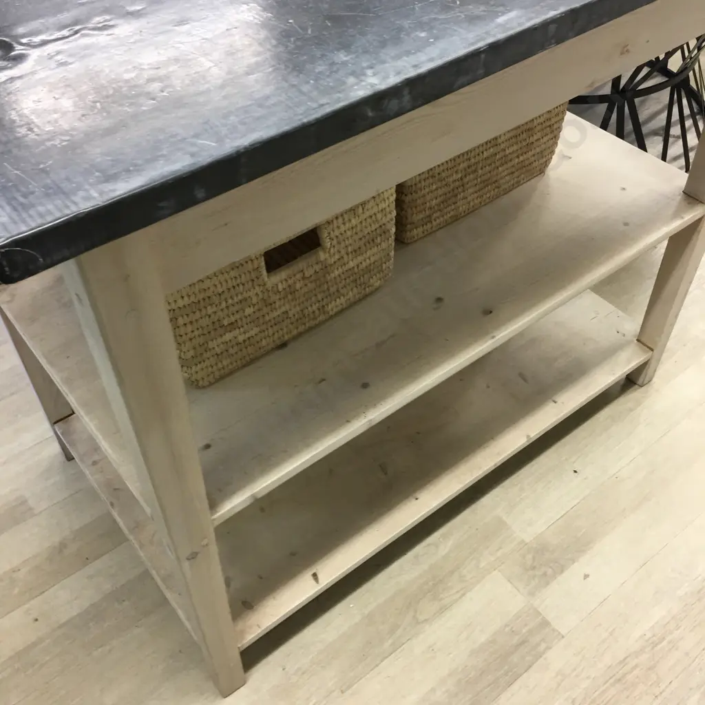 White Washed Kitchen Work Bench, 2 Drawers, Pull Handles. H91 W110 D65cm With 4 Cane Baskets Image 1++