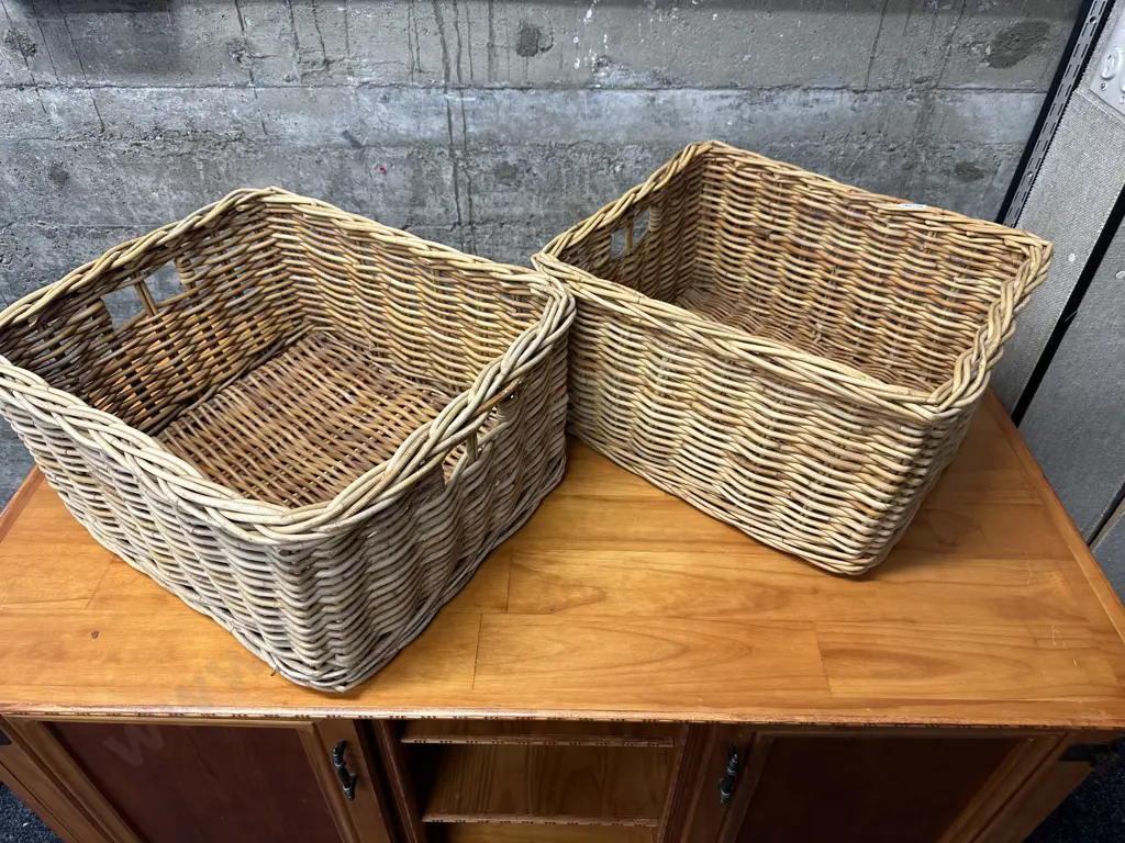 Pair of Woven Cane Rectangular Baskets. H24 W46 D40cm Image 1++