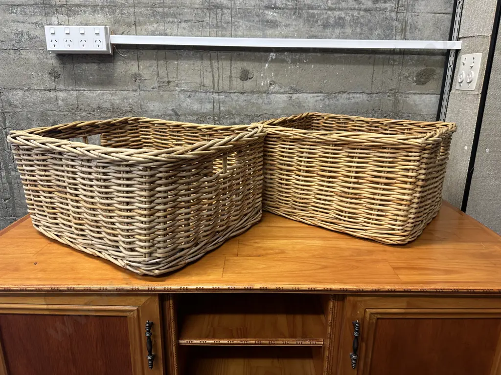 Pair of Woven Cane Rectangular Baskets. H24 W46 D40cm Image 1++