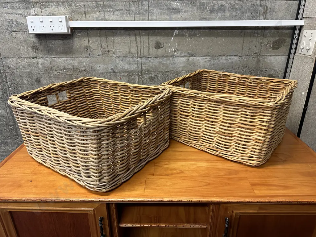 Pair of Woven Cane Rectangular Baskets. H24 W46 D40cm Image 1++