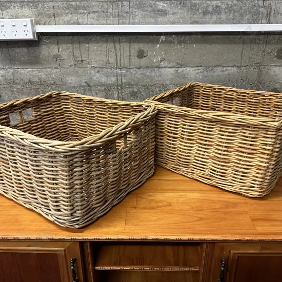 Pair of Woven Cane Rectangular Baskets. H24 W46 D40cm