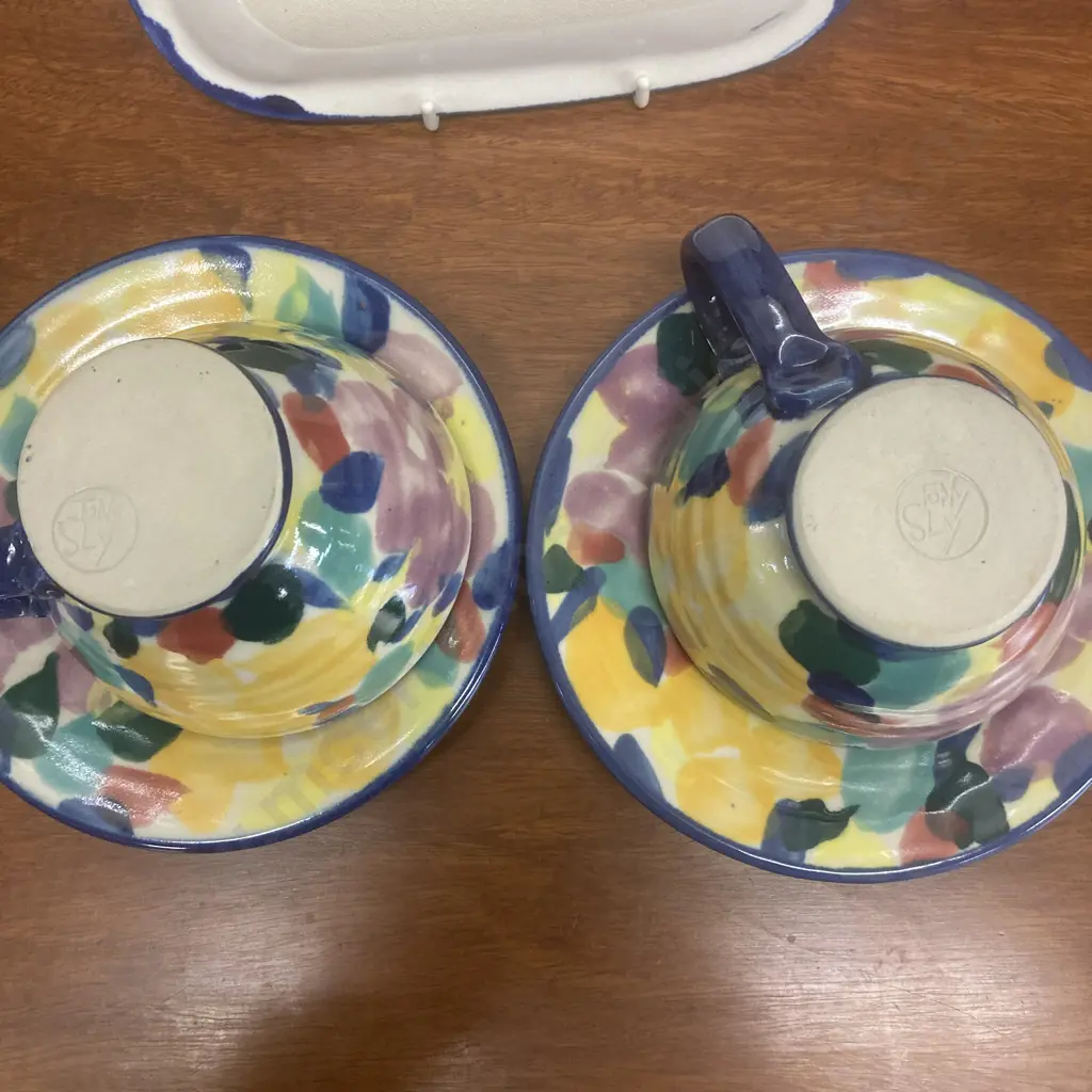 A Pair of Tony Sly Pottery Cups & Saucers With a Rectangular Plate, Multi Coloured,  Impress Mark To The Base Image 1++