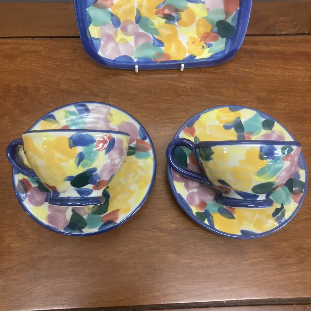 A Pair of Tony Sly Pottery Cups & Saucers With a Rectangular Plate, Multi Coloured,  Impress Mark To The Base Image 1++