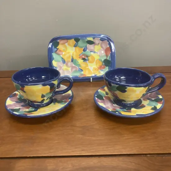 A Pair of Tony Sly Pottery Cups & Saucers With a Rectangular Plate, Multi Coloured,  Impress Mark To The Base