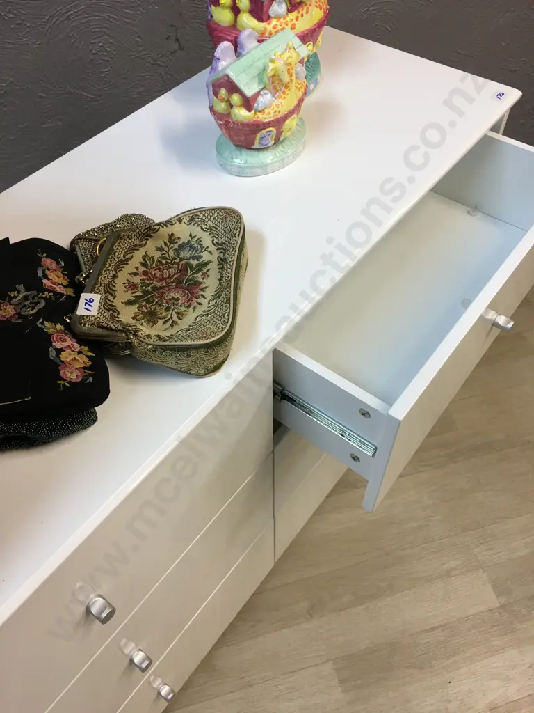 White Lacquered Six Drawer Lowboy With Silver Coloured Knobs H72,W114,D40cm. Image 1++
