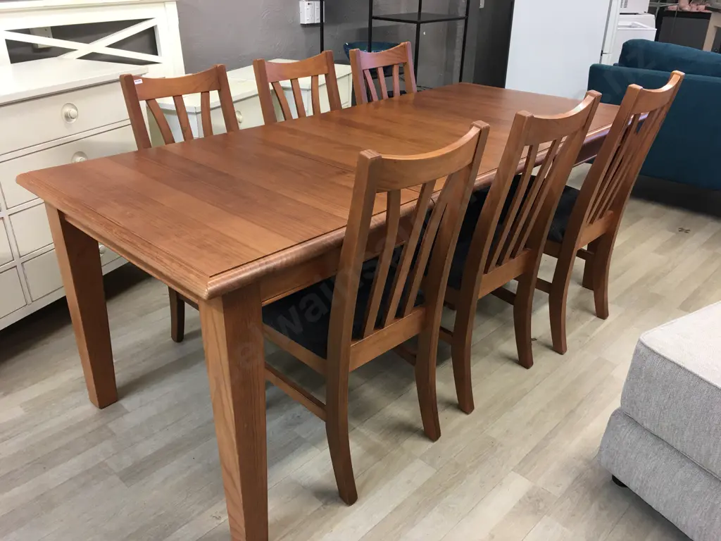 Ex Harvey Norman 1300 Table With 2 Extensions, With 6 Waihi Dark Grey Padded Seat Dining Chairs Image 1++