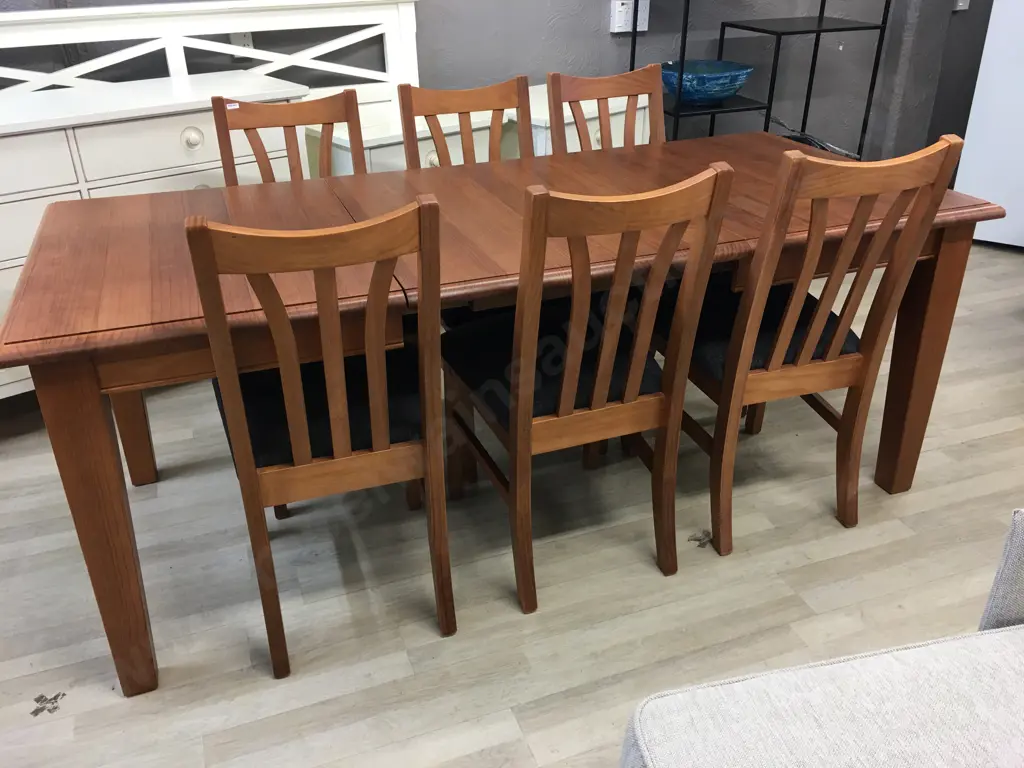 Ex Harvey Norman 1300 Table With 2 Extensions, With 6 Waihi Dark Grey Padded Seat Dining Chairs Image 1++