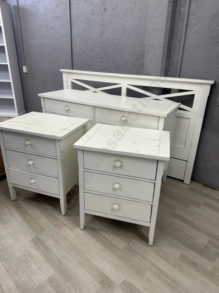 Cream Semi Distressed Effect Bedroom Suite, 8 Drawer Lowboy, Pair of 3 Drawer Bedsides And 111 x 180cm Headboard Image 1++