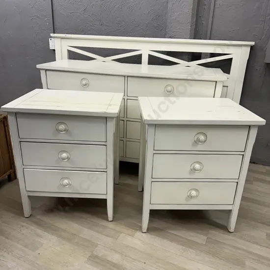 Cream Semi Distressed Effect Bedroom Suite, 8 Drawer Lowboy, Pair of 3 Drawer Bedsides And 111 x 180cm Headboard