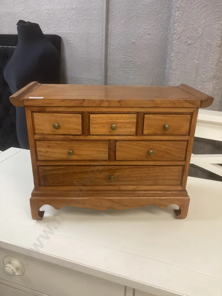 Teak Oriental Style 5 Drawer Storage Drawers. H34 W46 D20cm Image 1++
