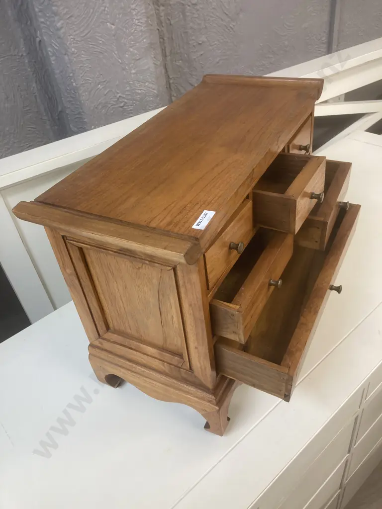 Teak Oriental Style 5 Drawer Storage Drawers. H34 W46 D20cm Image 1++
