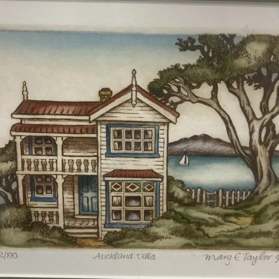 Mary Taylor - Auckland Villa, 1995, Hand-coloured Etching, Numbered 2/190. Signed Mary E Taylor 95