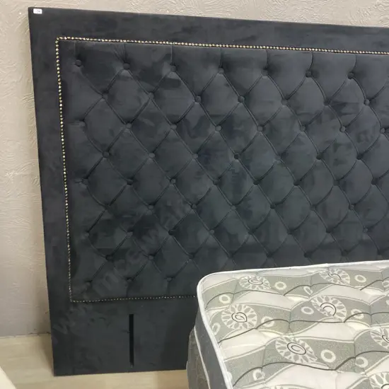 Black Plush Fabric Headboard Buttoned And Domed H140,W157cm.