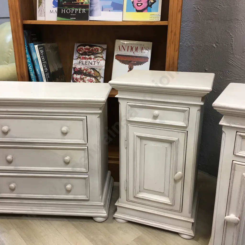 White Washed Bedroom Suite, 3 Drawer Lowboy 62x65cm, Pair of Bedsides With Single Door & Drawer 69x41cm, Wooden Bun Feet Image 1++
