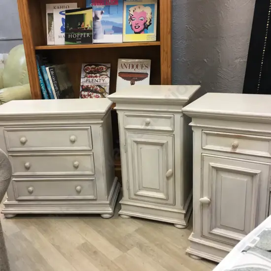 White Washed Bedroom Suite, 3 Drawer Lowboy 62x65cm, Pair of Bedsides With Single Door & Drawer 69x41cm, Wooden Bun Feet