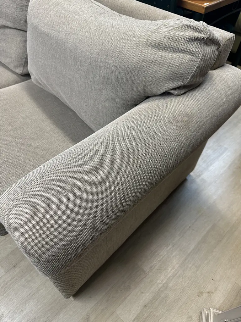 Cream / Black Fabric 2 Seater Rolled Arm Couch With Black Feet. 197 x 92cm Image 1++