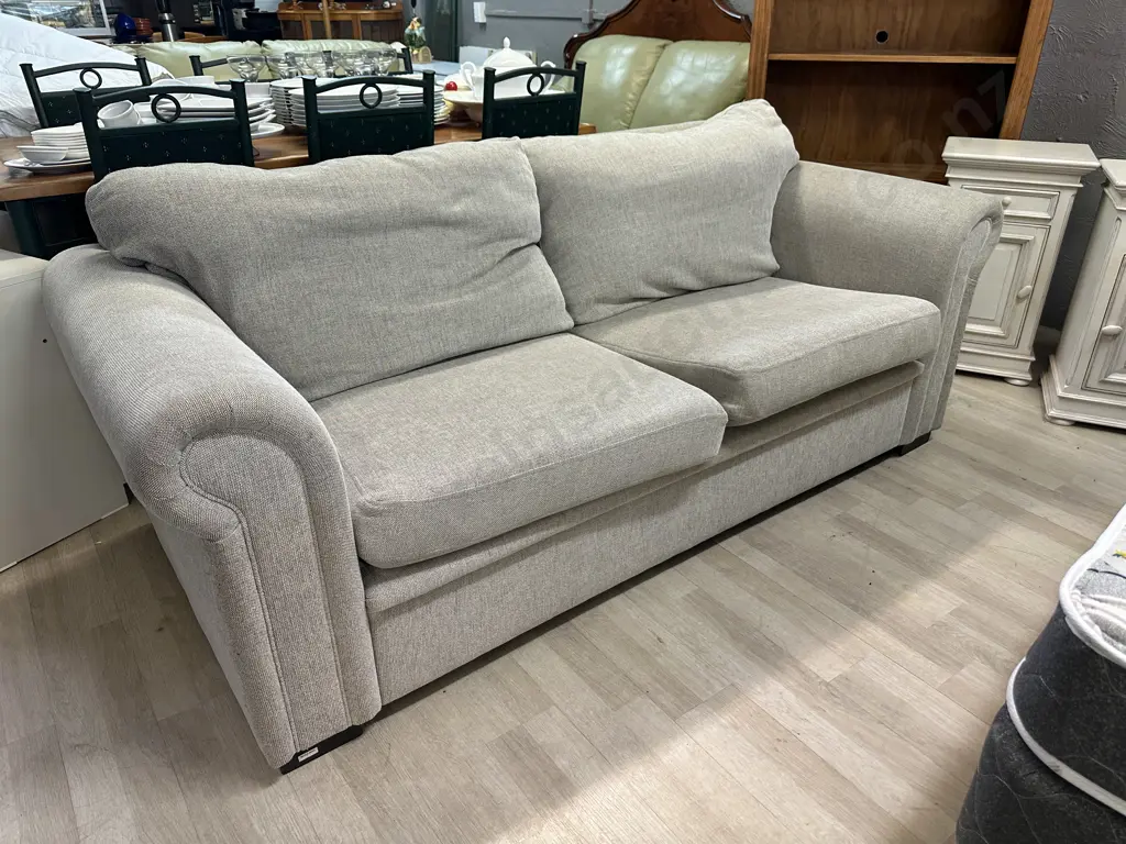 Cream / Black Fabric 2 Seater Rolled Arm Couch With Black Feet. 197 x 92cm Image 1++