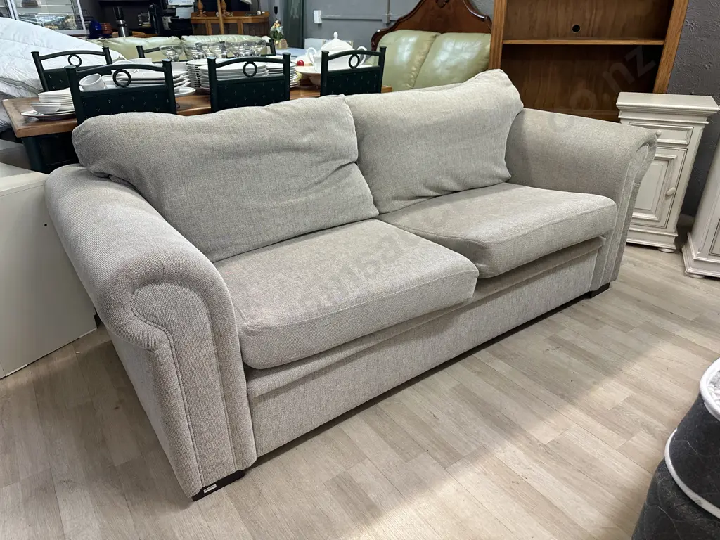 Cream / Black Fabric 2 Seater Rolled Arm Couch With Black Feet. 197 x 92cm Image 1++