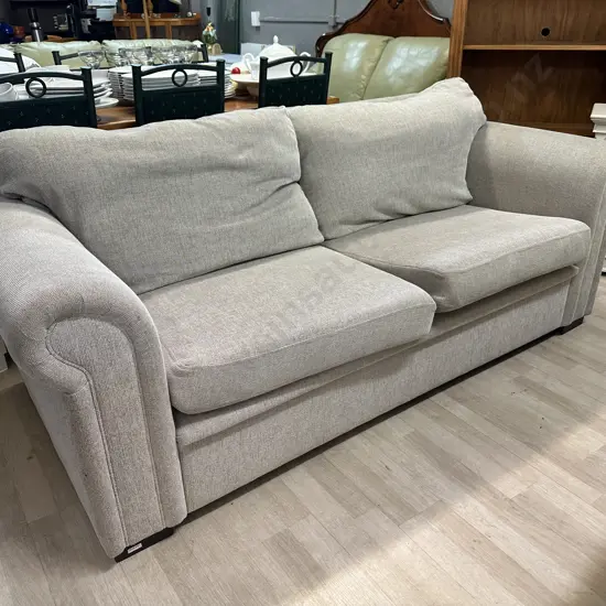 Cream / Black Fabric 2 Seater Rolled Arm Couch With Black Feet. 197 x 92cm